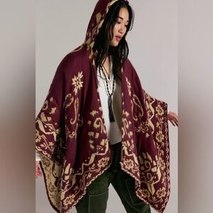 NWT- Free People - Rown Duster Brown and tan floral print poncho with hood OS